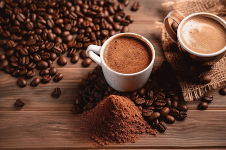 咖啡豆咖啡粉木桌上面美味的咖啡背景
