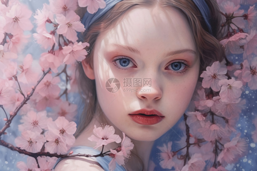 樱花中美丽细腻少女的肖像图片