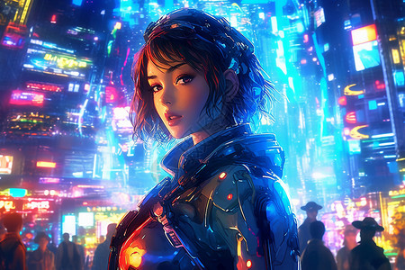 未来科幻城市中的机械少女背景图片