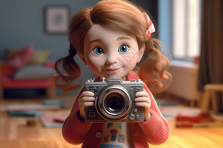 手拿相机的呆萌立体卡通女孩背景图片