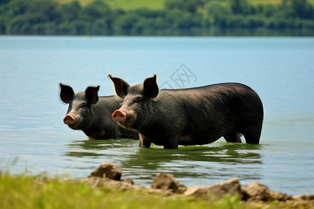 湖水中的黑色养殖猪背景图片
