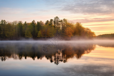 迷离雾气围绕的湖光山色高清图片
