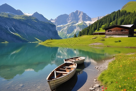 山间湖泊中停靠的木船背景图片