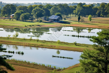 鱼塘养殖夏季乡村的水产养殖鱼塘背景