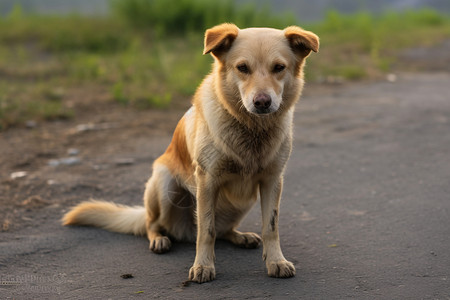 一只可爱的狗狗坐在路上背景图片