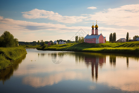 河畔小教堂的美丽景观背景图片