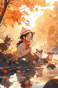 卡通风格的森林湖畔小女孩背景图片