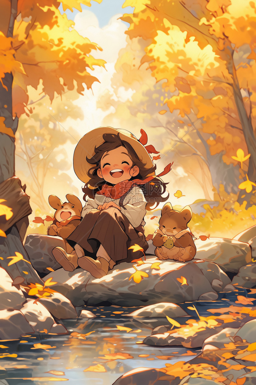 秋天森林湖畔的小女孩图片