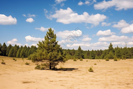 蓝天白云下的松树林背景图片