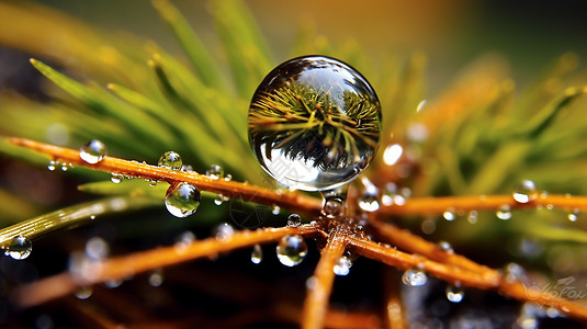 树枝上的露珠水滴在松树枝上背景