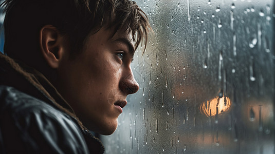 男孩在窗前看雨背景图片