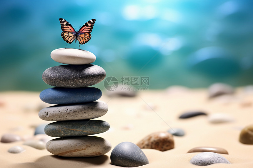 平衡鹅卵石上的蝴蝶图片