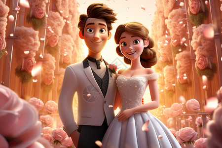全球照明3D婚礼上的新郎新娘插画