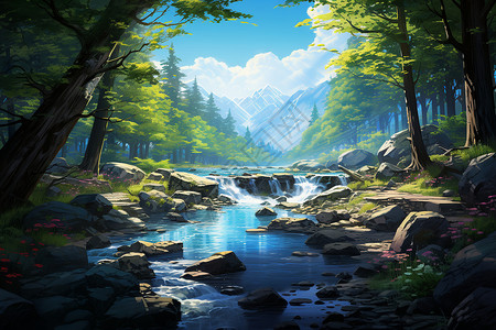 苍翠树叶环绕的阳光山溪背景图片