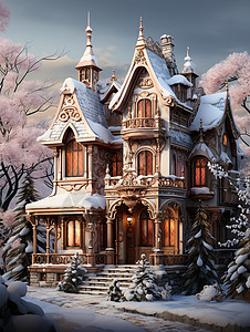 梦幻装饰的冬季房屋建筑背景图片