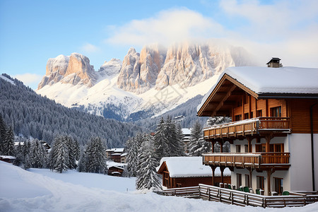 冬日雪中小屋的美丽景观背景图片