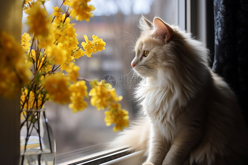 窗台上乖巧可爱的宠物猫咪图片