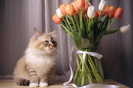 花猫与鲜花的相遇背景图片