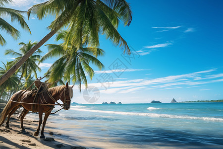 椰树海滩上的马背景图片