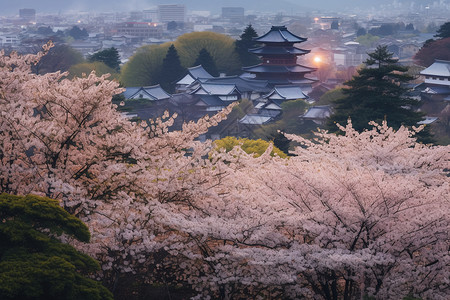 春雨如烟樱花如烟中的城市美景背景