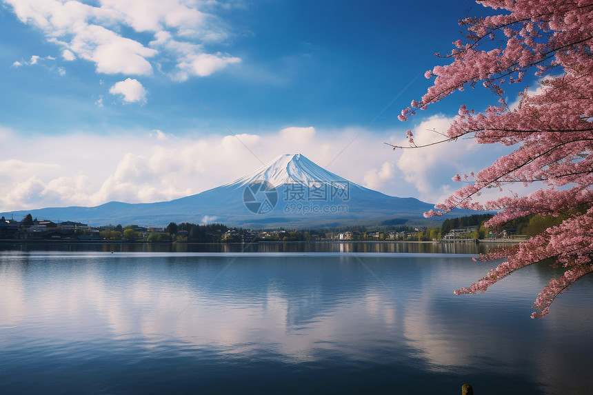 湖畔的富士山图片