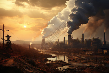 日落时一座工厂的烟囱背景图片