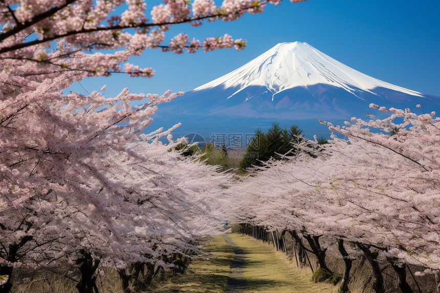 樱花环绕的富士山图片