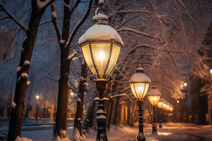 冬夜街灯下的雪景图片