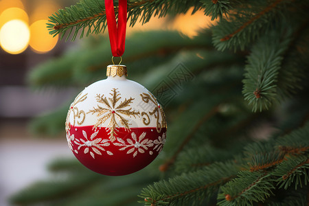 圣诞树上悬挂红白装饰品背景图片