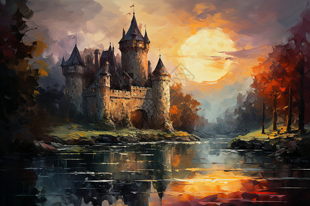 水上城堡水上的城堡倒影插画