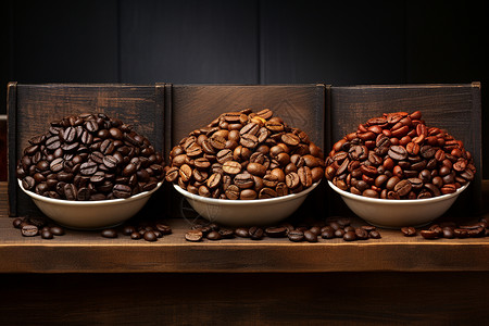 木桌上的咖啡豆背景图片