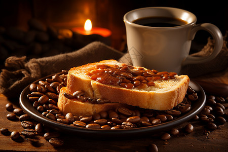 盘子里的面包和咖啡豆背景图片