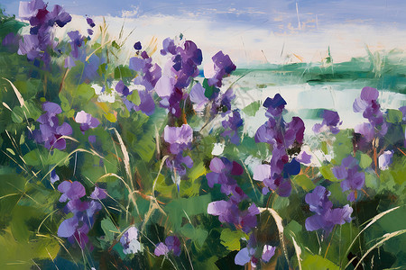 湖泊边的紫色花朵背景图片