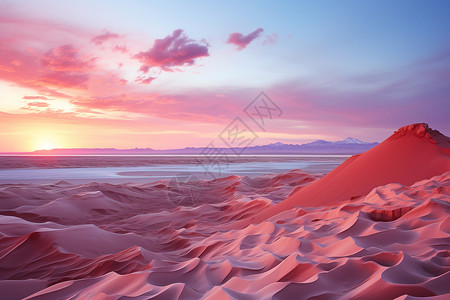 戈壁地貌夕阳下的粉色调色沙漠设计图片