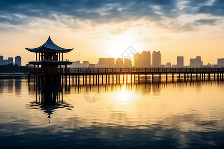 夕阳映照的城市美景背景图片