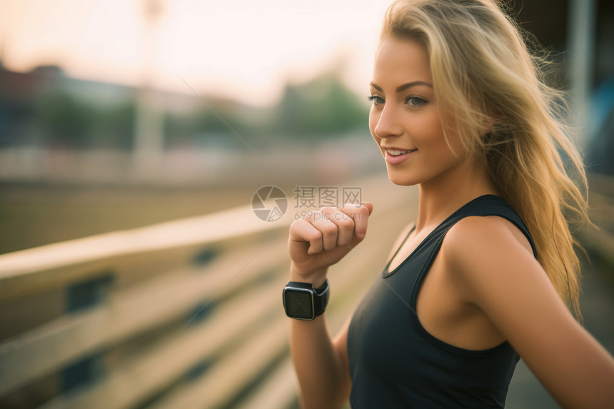 佩戴电子手表运动的外国女子图片