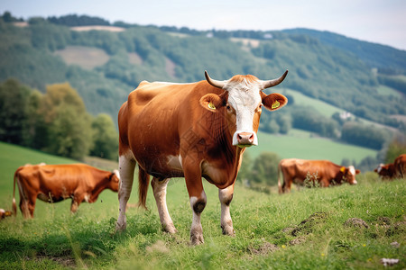 山坡上吃草的母牛背景图片