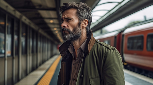 孤独的男子在火车站里背景图片