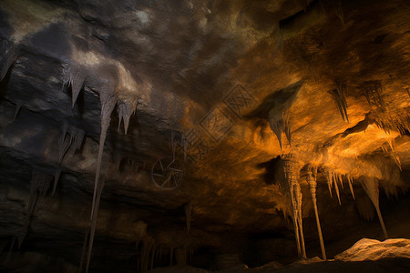 喀斯特石笋石灰石山洞中的结晶石柱背景