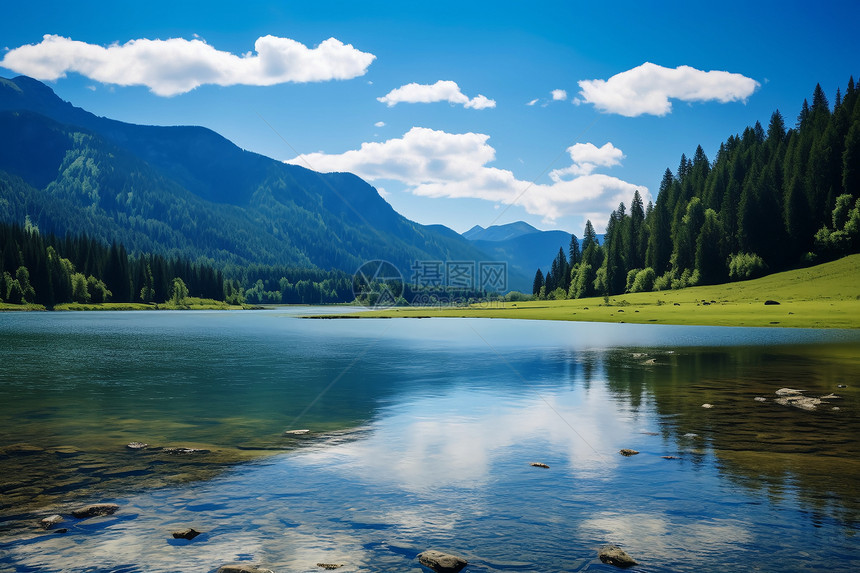 山水之间山峦环抱的湖畔美景图片