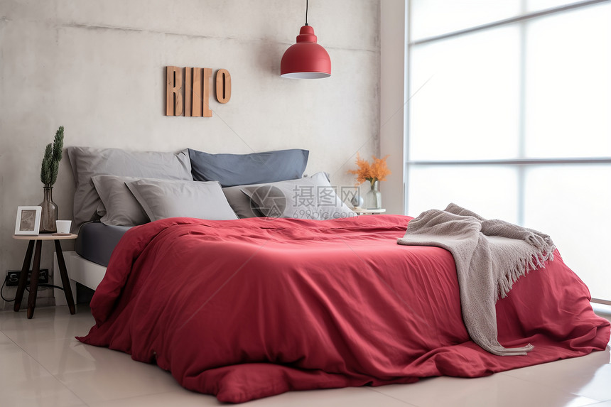 柔软的床上铺着红色的毯子图片