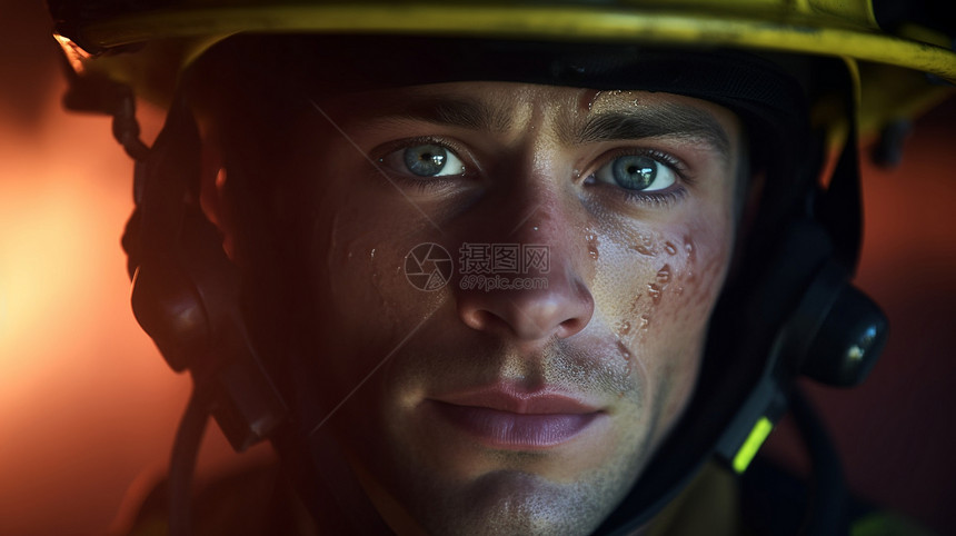 火光中的消防员面部特写图片