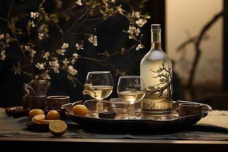花瓶酒罐与两个酒杯背景图片