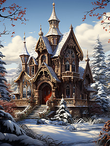 冬季林间童话般的房屋背景图片