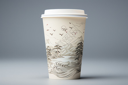 河流图案白色咖啡杯上的传统图案背景