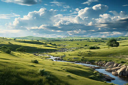 蓝天下的河流草原背景图片