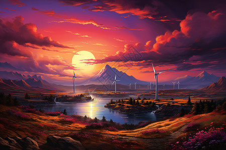 夕阳下的风力发电背景图片