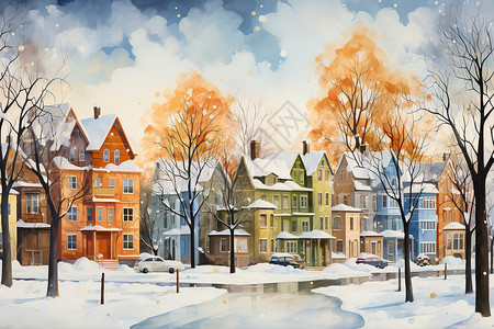 小镇中的冬日景色背景图片
