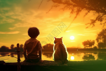 小朋友玩乐湖畔奇幻孩子与猫插画