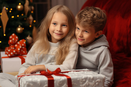 圣诞树下的孩子背景图片